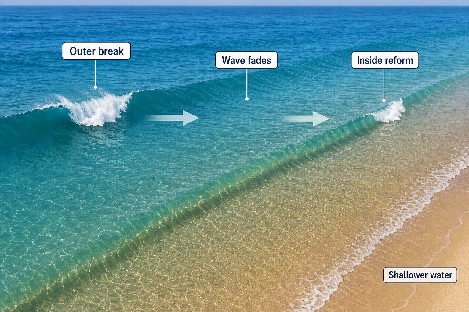 Oblique coastal diagram showing an outer wave breaking, fading across a flatter middle zone, and reforming as a smaller wave in shallow water near the beach.