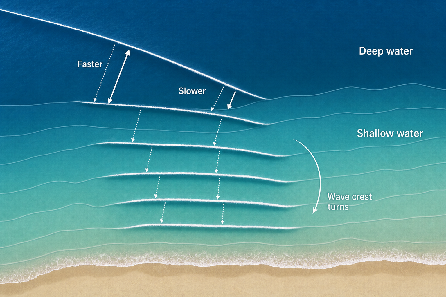 Overhead coastal diagram showing an oblique wave crest advancing farther in deep water than in shallow water and successive crests turning toward the shoreline contours.