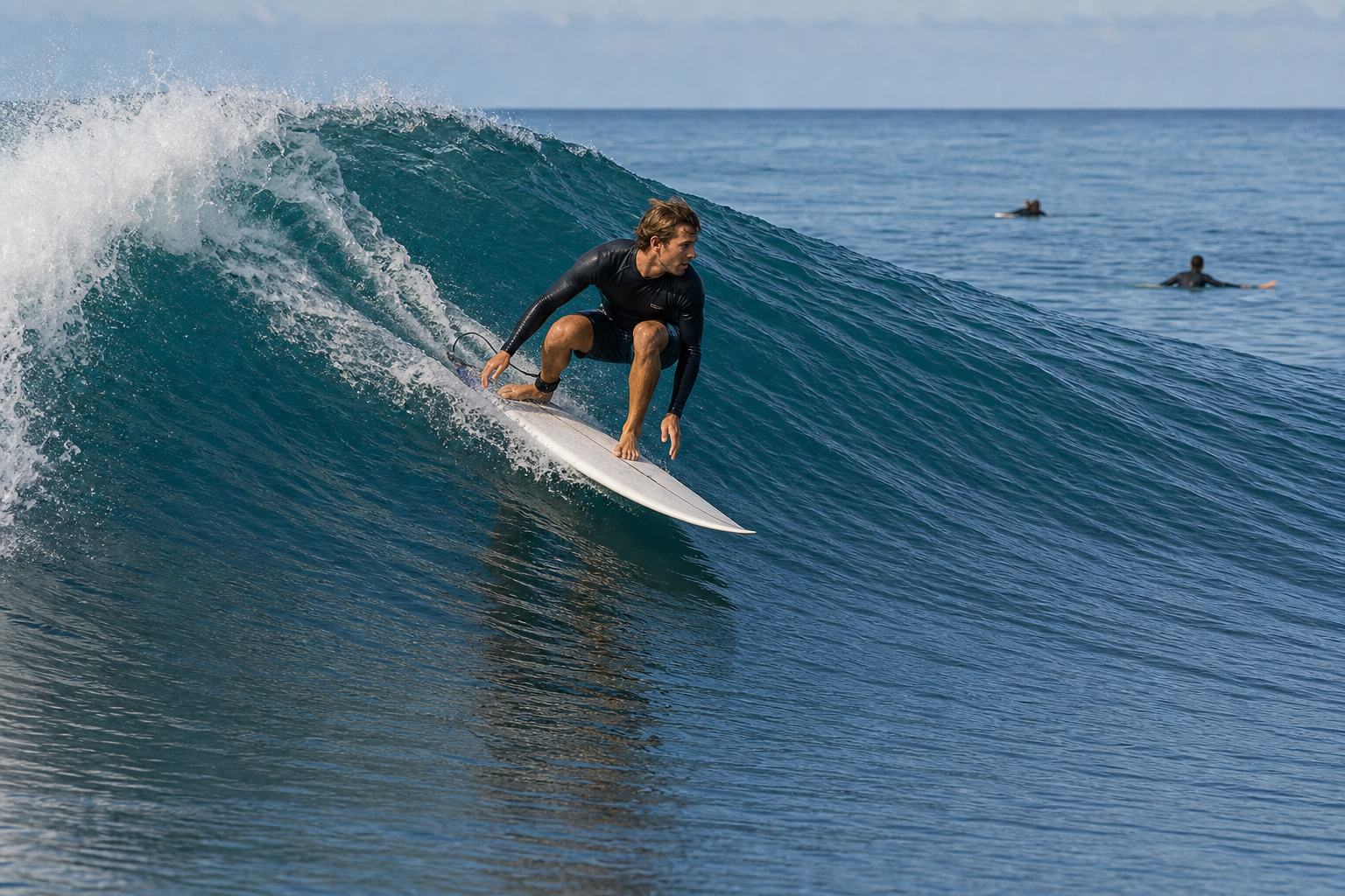 Surfer crouching low on a white shortboard angled across the open shoulder of a steep wedge wave, safely ahead of the breaking lip.
