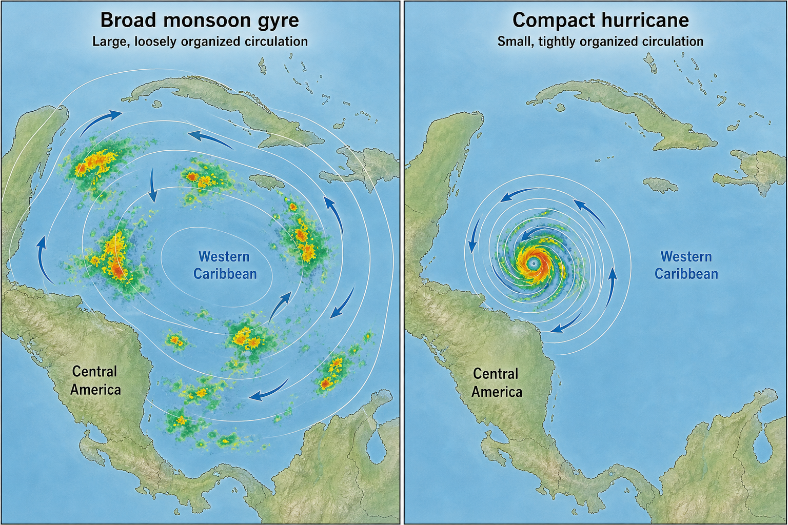 Matched western Caribbean maps compare a broad monsoon gyre with widely spaced isobars and scattered rain clusters against a much smaller hurricane with tight isobars and a concentrated eye; some circulation arrows point in inconsistent directions.
