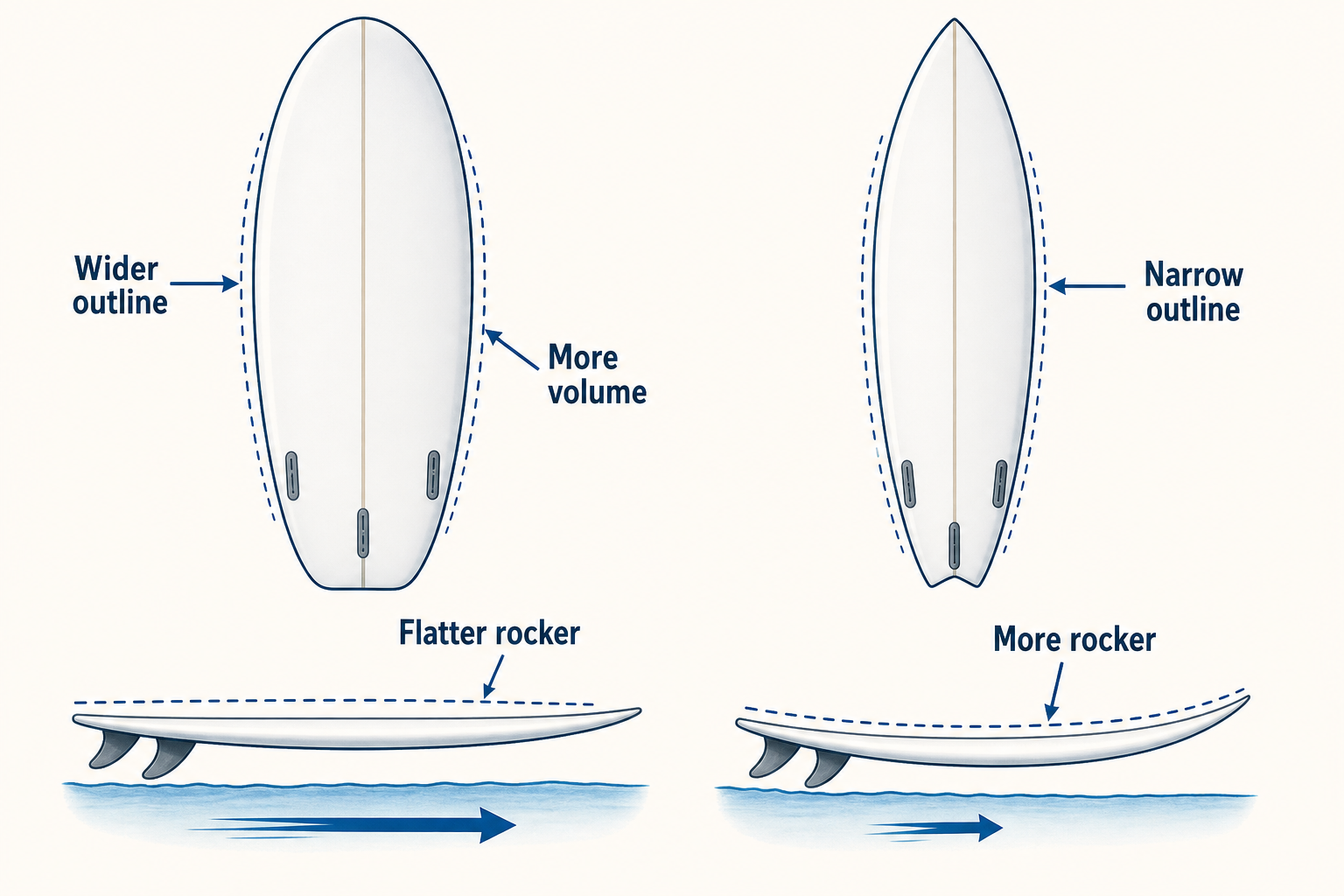 Matched top and side views compare a wider, fuller surfboard with flatter rocker against a narrow performance board with more rocker.