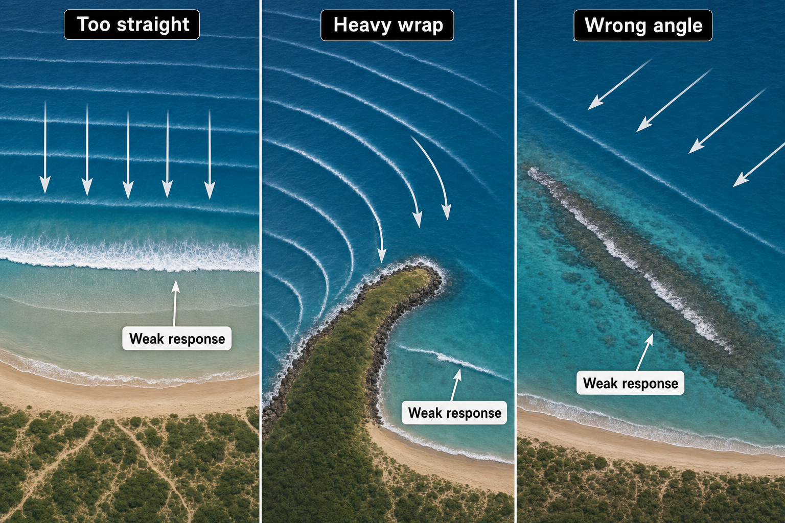 Three top-down panels show straight swell meeting a flat beach, waves wrapping around a headland, and oblique swell crossing a reef, each with a weak breaking response.