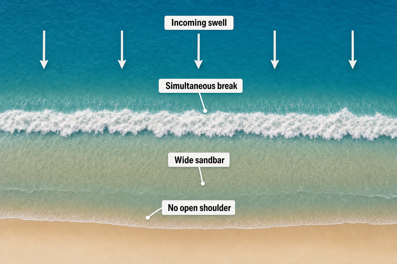 Top-down beach diagram showing shoreward swell breaking in one long soft line across a wide continuous sandbar with no open shoulder.