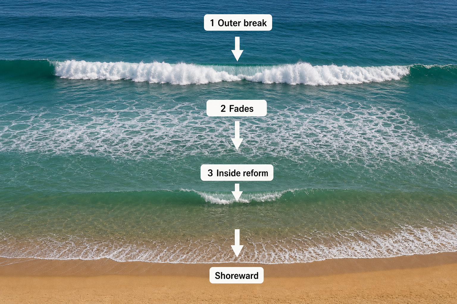 Labeled aerial coastal view showing an outer wave breaking, its whitewater fading, and a smaller wave reforming closer to shore, with arrows pointing shoreward.