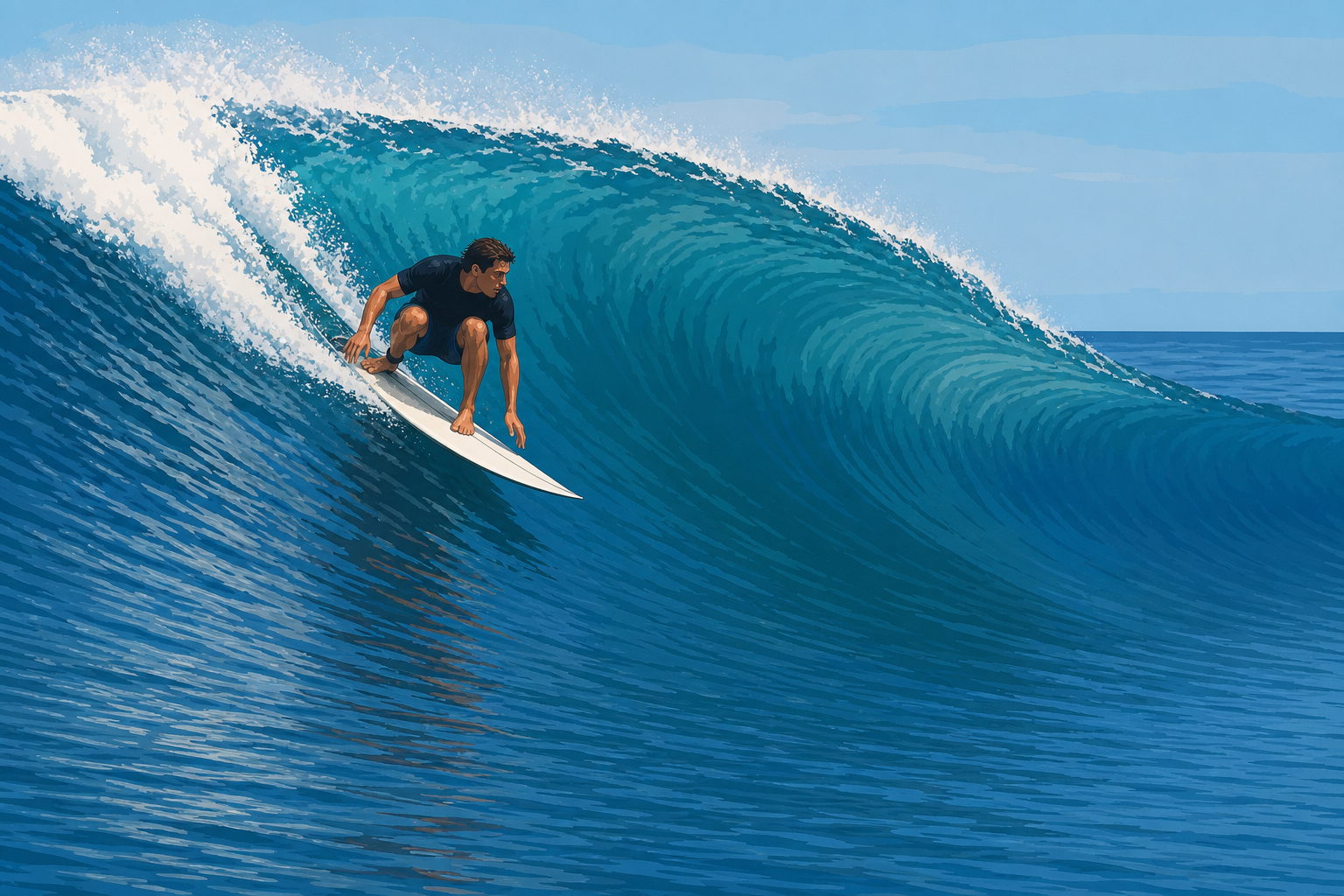 A crouched surfer angles a white board down and right across the clean face of a steep hollow wave.