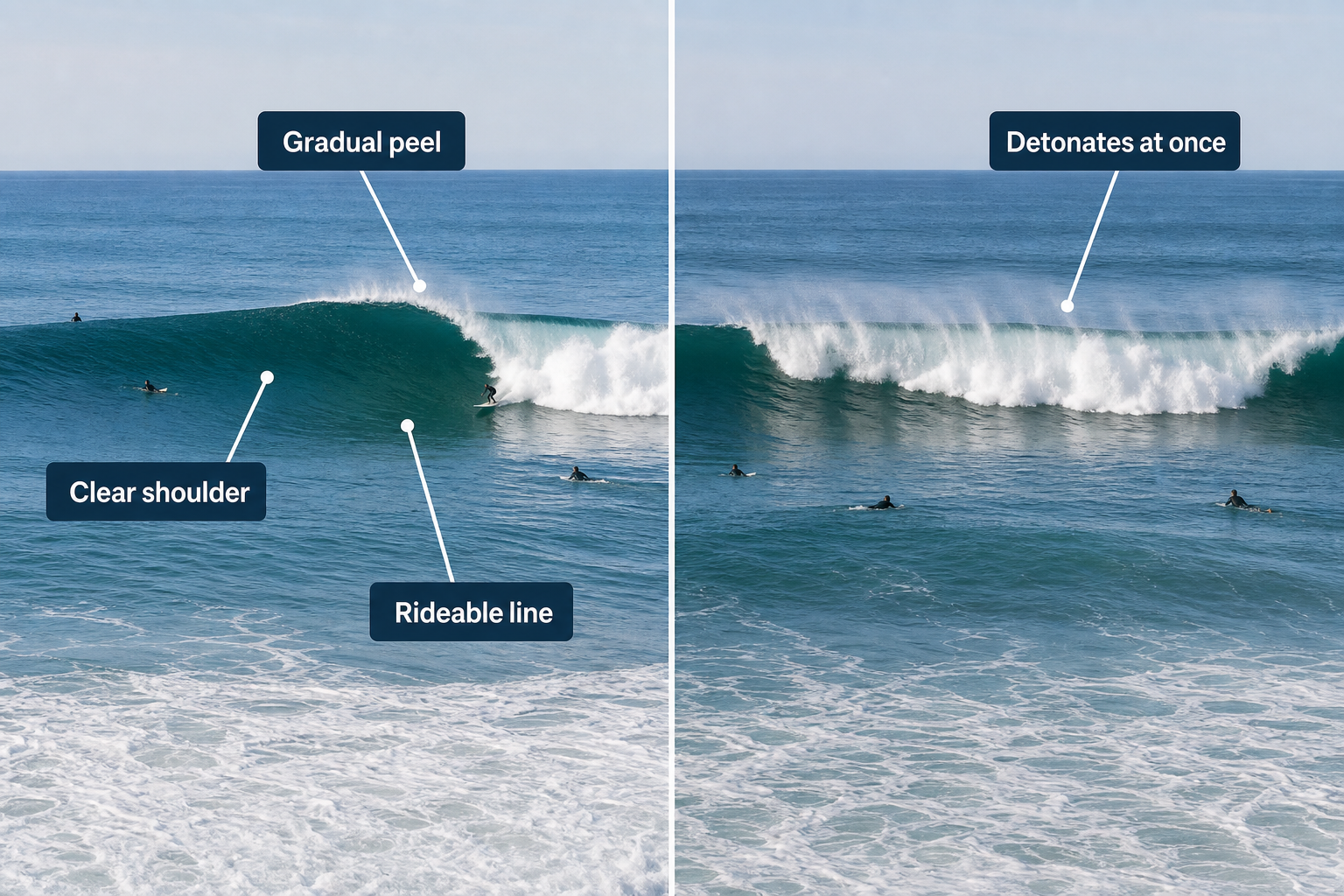 Split-panel beach-view comparison showing a wave peeling gradually along an open shoulder on the left and a similar wave breaking across nearly its entire section at once on the right.