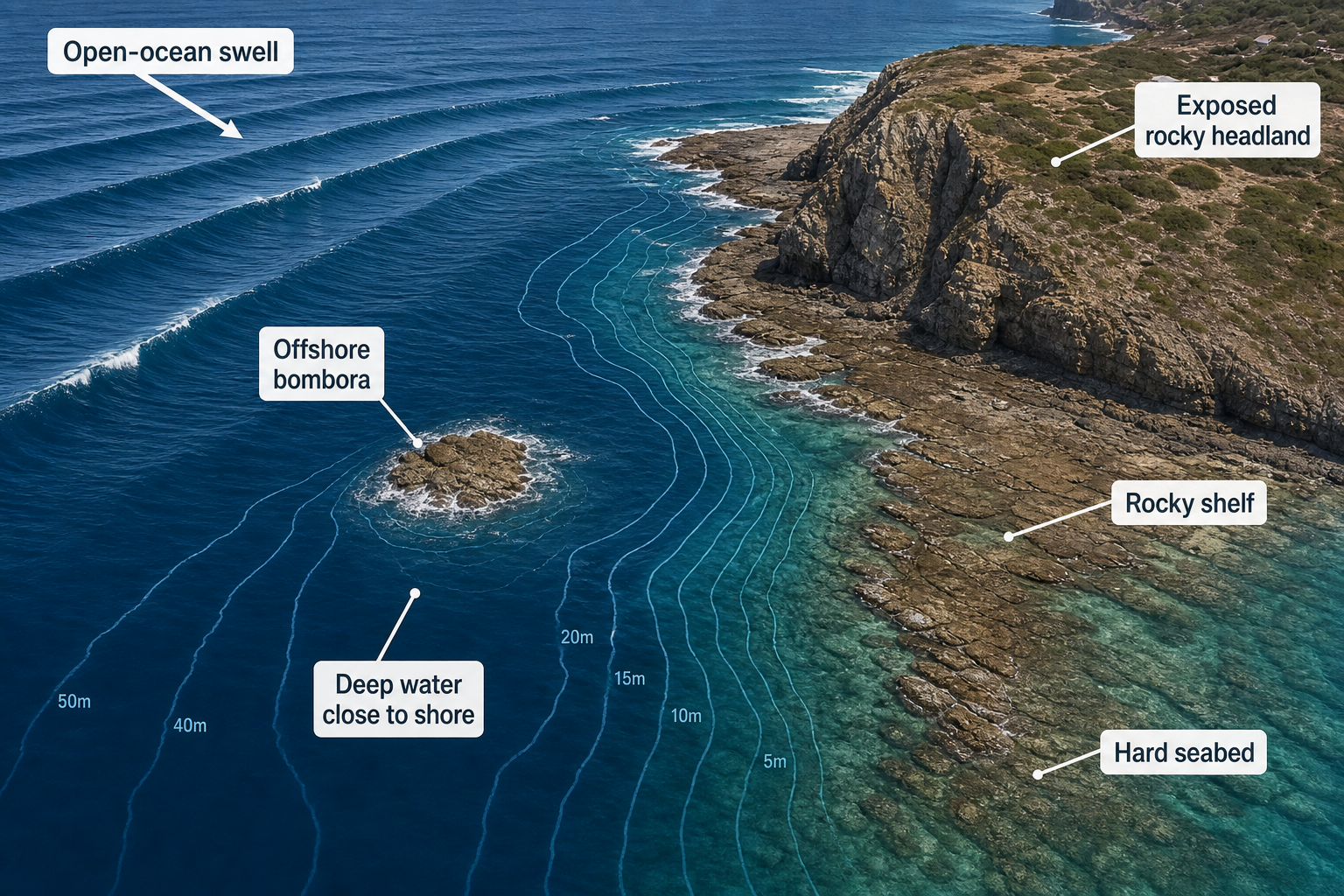 Annotated aerial coast showing open-ocean swell, a rugged rocky headland and shelf, an offshore exposed rock labeled as a bombora, and numbered depth contours near shore.