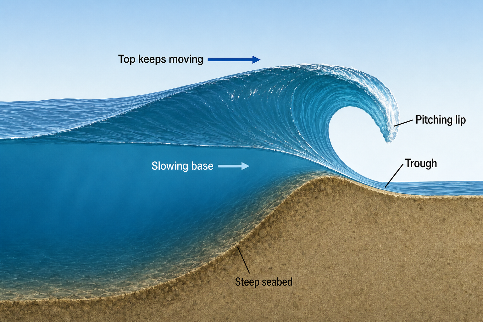 Side-view cutaway showing a wave base slowing over a steep seabed while the top continues forward, steepening the face and pitching the lip over a hollow trough.