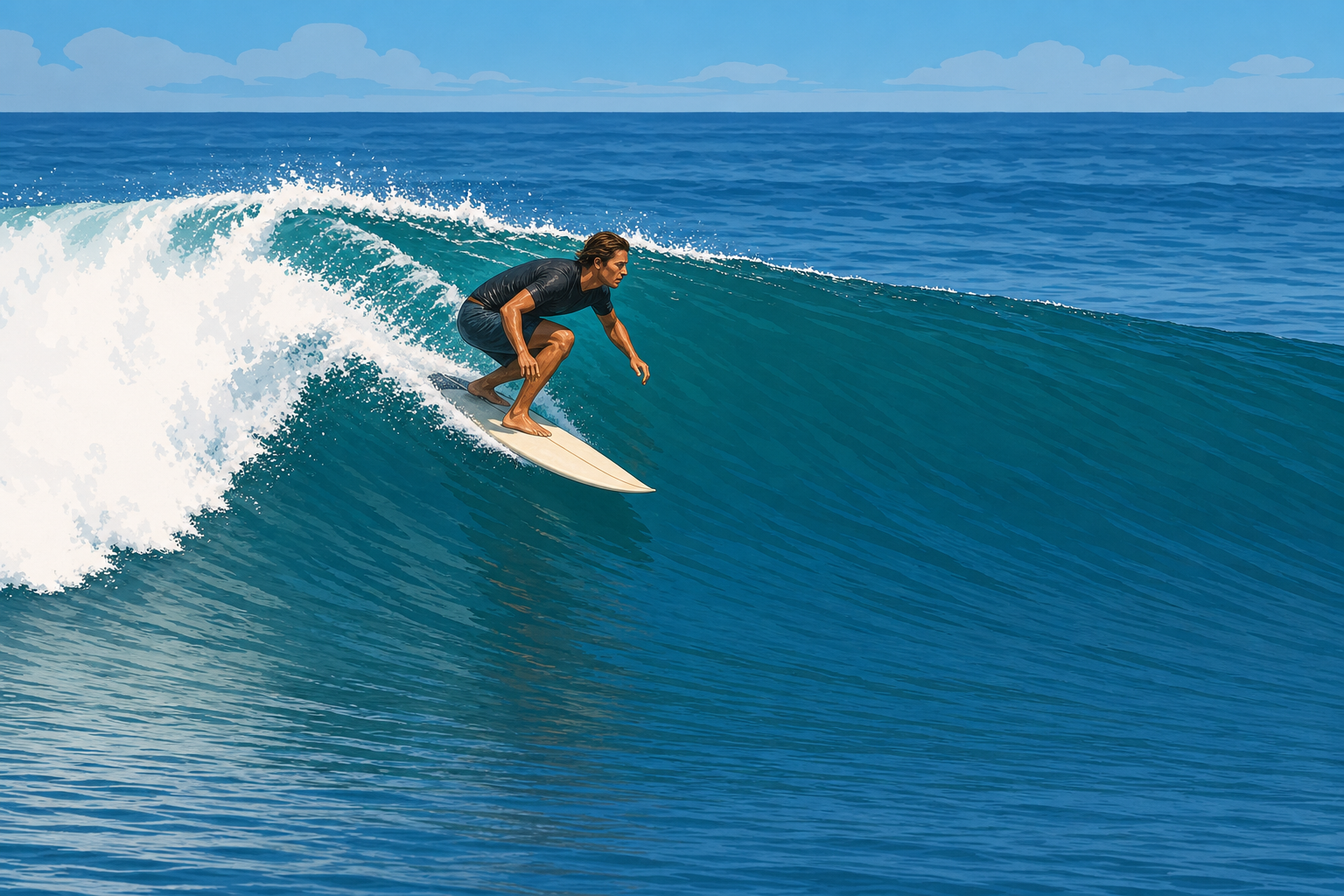 Single surfer in a compact crouch pumps high across a clean right-breaking wave, with whitewater behind at left and a long open shoulder ahead to the right.