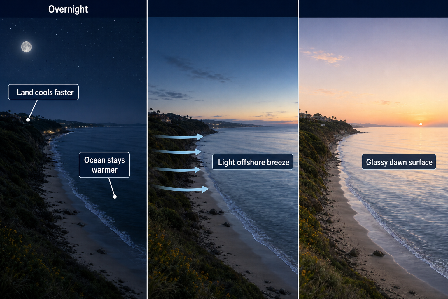 Three coastal panels progress from night to dawn, showing land cooling faster than the ocean, light arrows blowing offshore, and a smooth dawn sea.