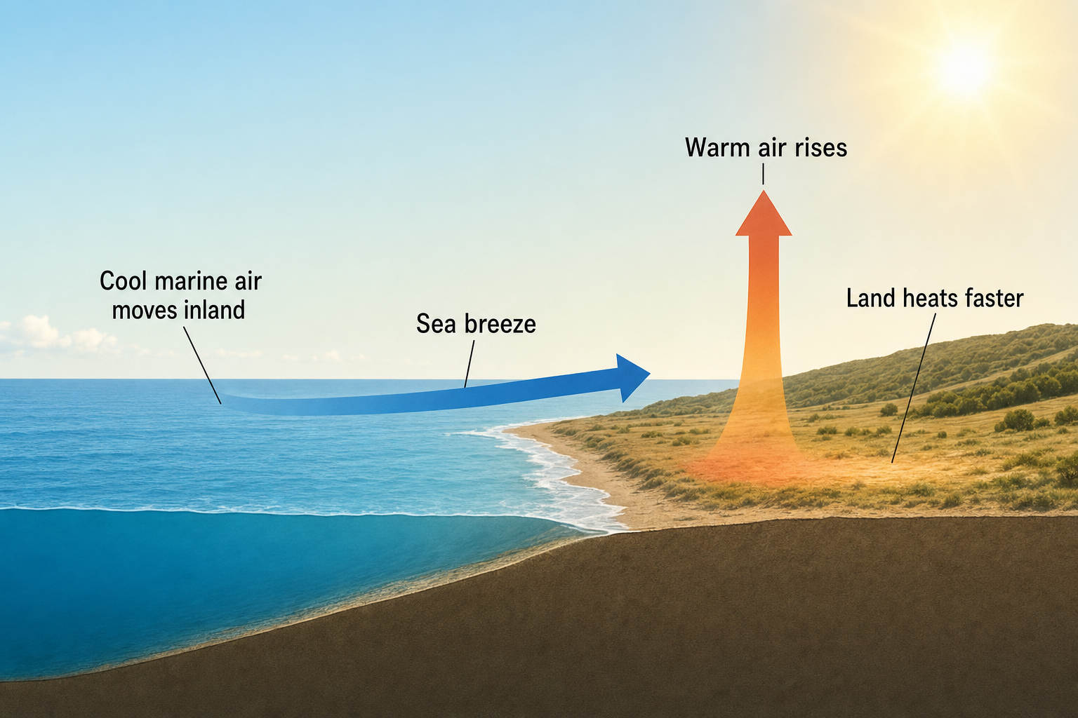 Coastal cutaway showing sun-heated land, warm air rising, and cool marine air moving inland as a sea breeze.