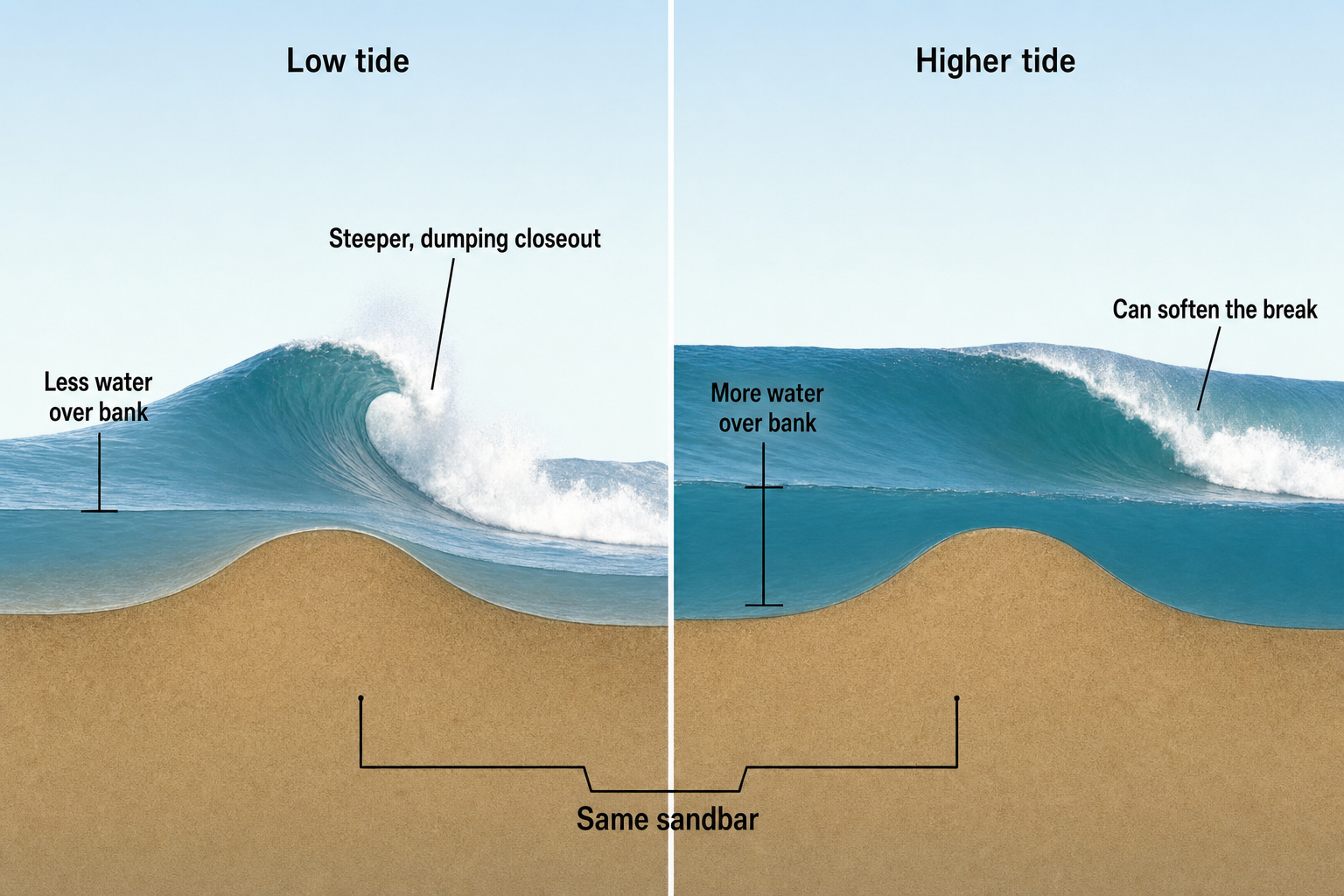 Side-by-side cutaway of the same rounded sandbar, showing a steep dumping wave at low tide and a broader, potentially softer break with more water at higher tide.