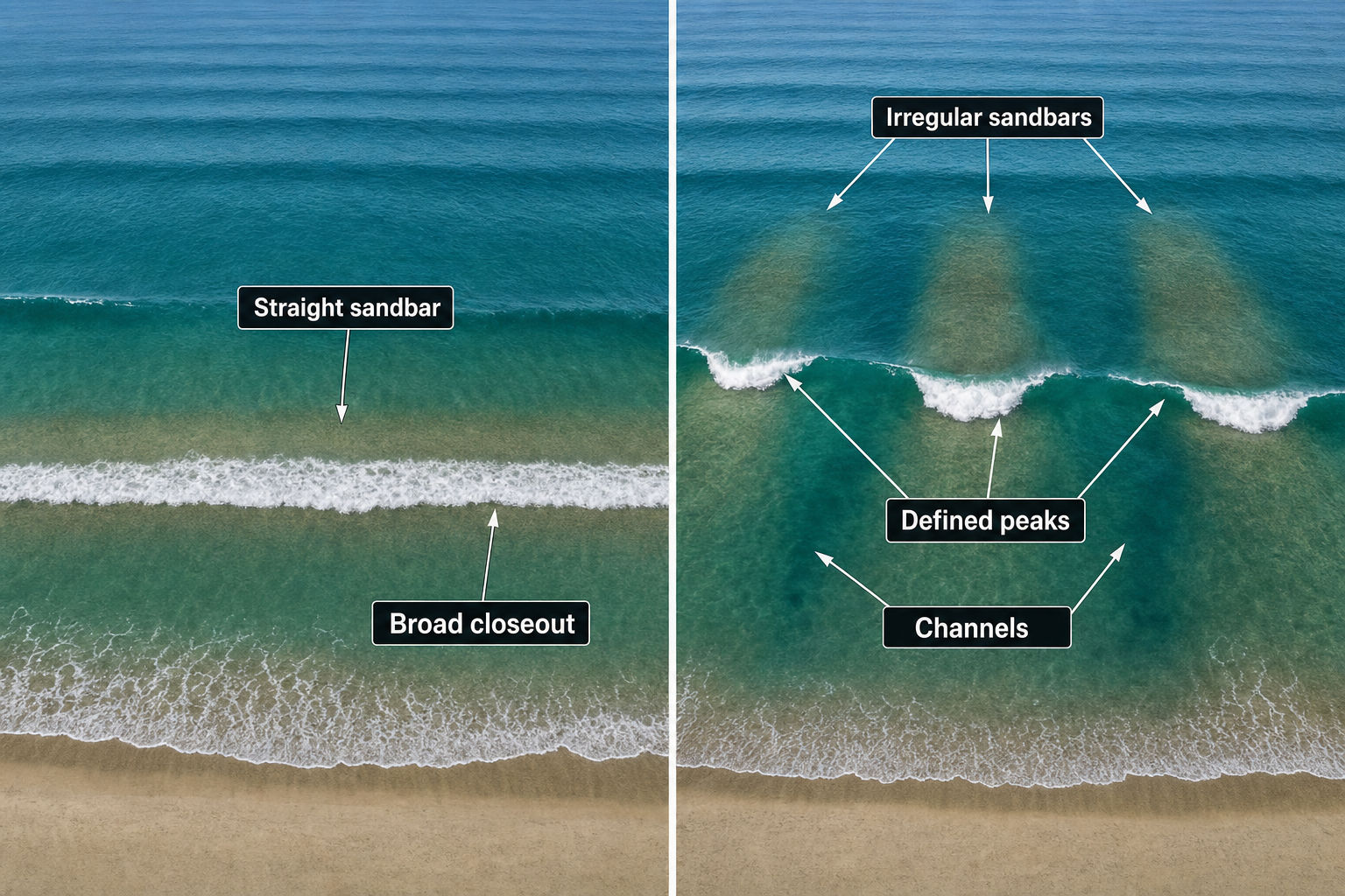 Side-by-side aerial diagram showing a straight sandbar producing a broad closeout and irregular sandbars with channels producing defined wave peaks.