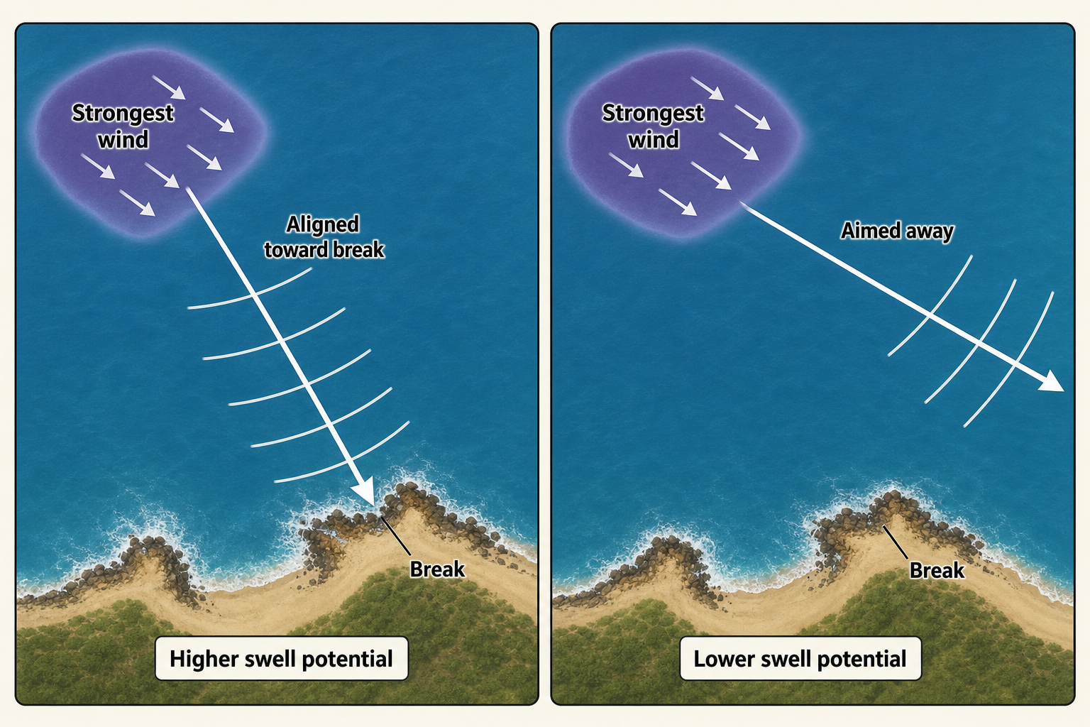 Two overhead forecast panels compare wind and fetch aligned with a coastal break, producing higher swell potential, against wind aimed past the break, producing lower potential.