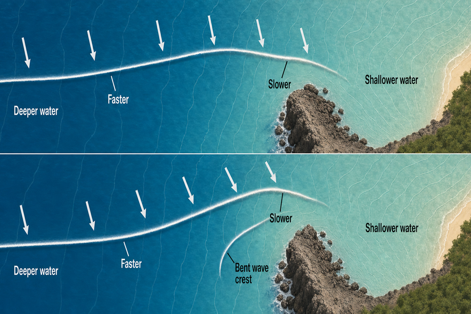 Three stacked overhead coastal panels label deep water as faster and shallow water as slower while a white swell crest curves toward a rocky point; the final panel also contains an additional hooked crest near the point.