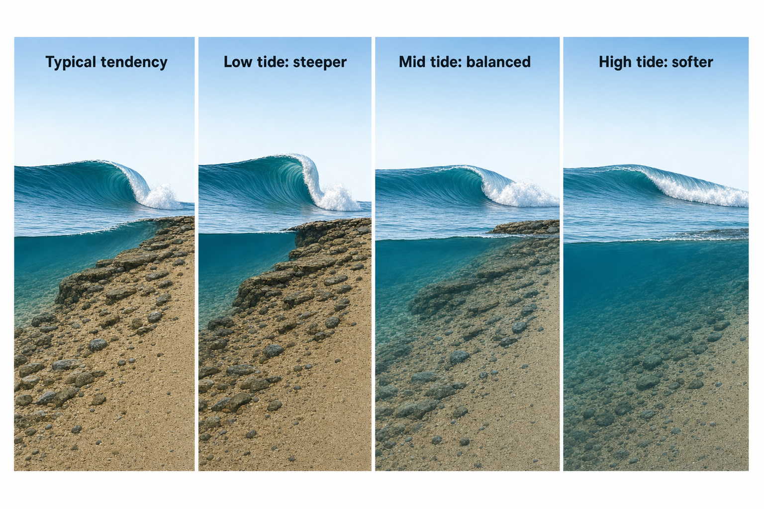Four split-level coastal panels show waves over rocky seabeds: an unlabeled example under “Typical tendency,” a steeper low-tide breaker, a balanced mid-tide curl, and a softer high-tide wave.